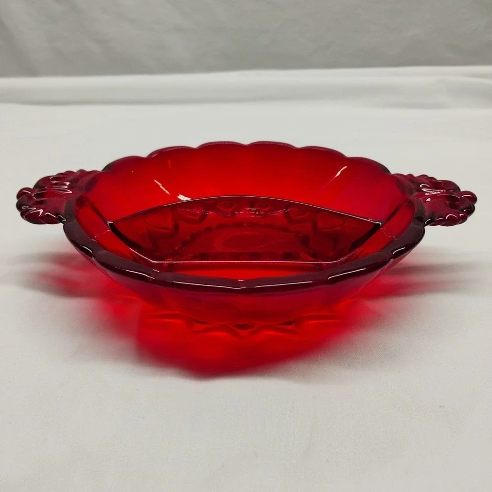 Viking Glass Red Ruby Sectioned Candy‎ Trinket Dish Bowl Original Sticker